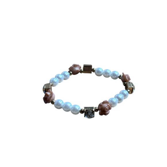 Plastic Faux Pearl Stretchy Bracelet Pink Roses Rhinestones 6.5 inch Unstretched - Picture 1 of 3